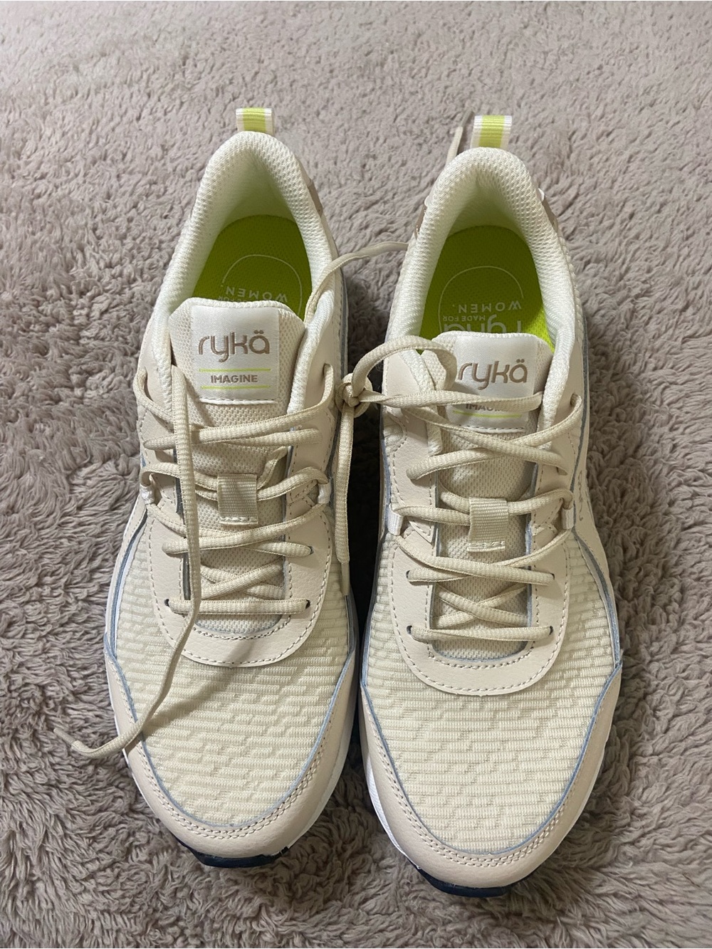 New-Never Worn Ryka Women's Cream Lace-Up Sneakers with Lime Accents